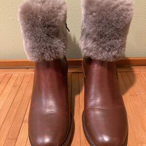 Brown Leather Ankle Boots with Fur Trim